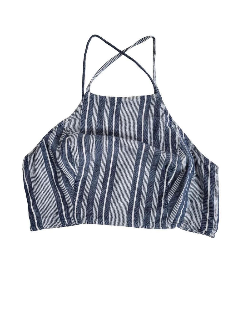American Eagle Black And White Stripe Crop Halter Top Smocked Back Size Small